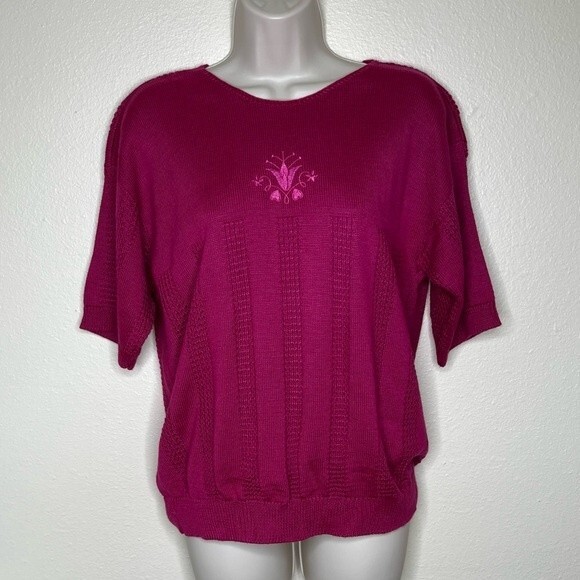 Vintage Cricket Lane Short Sleeve Embroidered Sweater Berry Pink Women Large - Picture 11 of 11